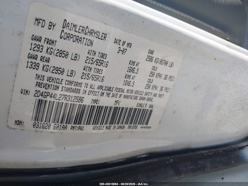 DODGE GRAND CARAVAN 2007 VIN 2D4GP44L27R312586