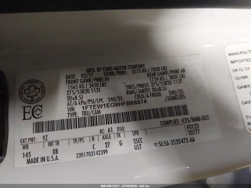 2017 FORD F-150 PICKUP 3.5L V6 FI DOHC 24V NF4