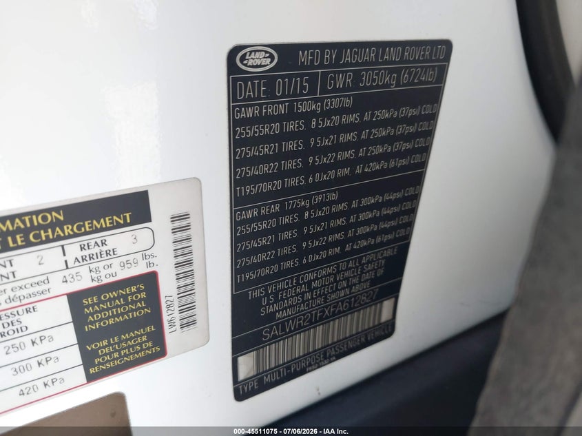 2015 Land Rover Range Rover Sport 5.0L V8 Supercharged VIN: SALWR2TFXFA612827 Lot: 45511075