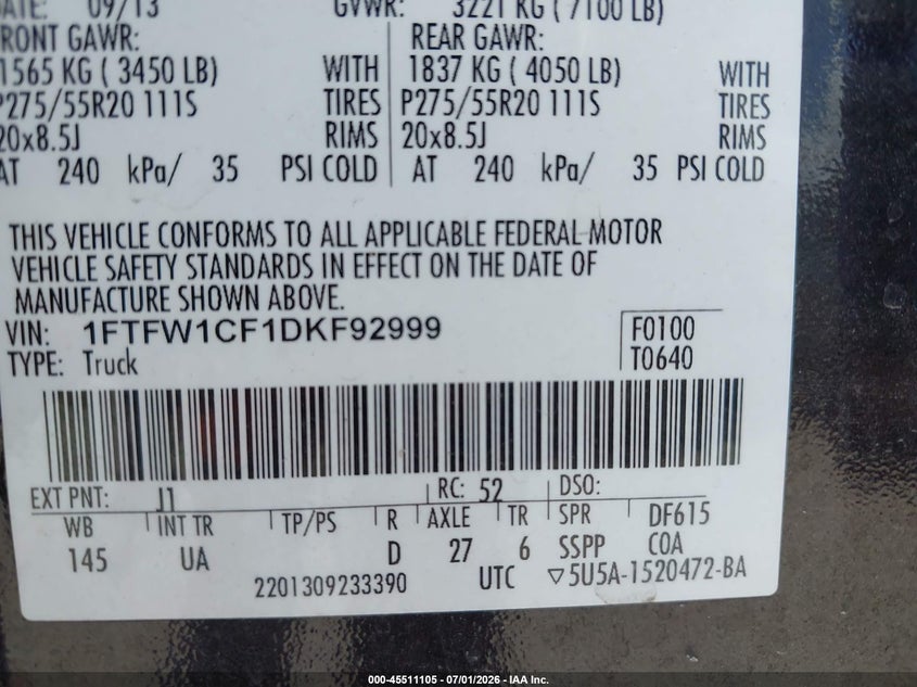 2013 FORD F-150 TRUCK 5.0L V-8 DOHC, VVT, 360HP