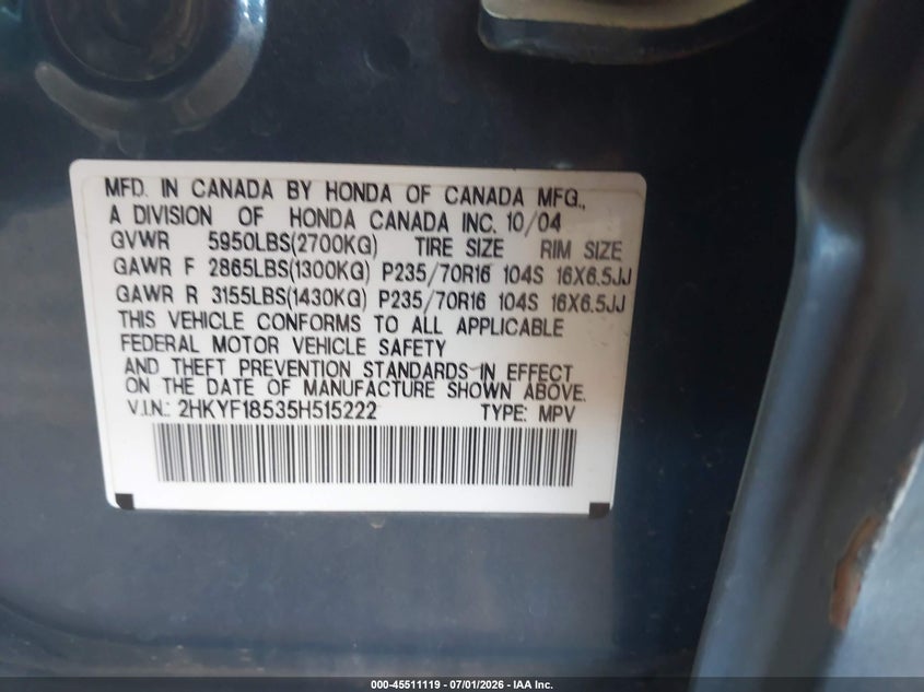 2005 HONDA PILOT SPORT UTILITY VEHICLE 3.5L V-6 VVT, 255HP