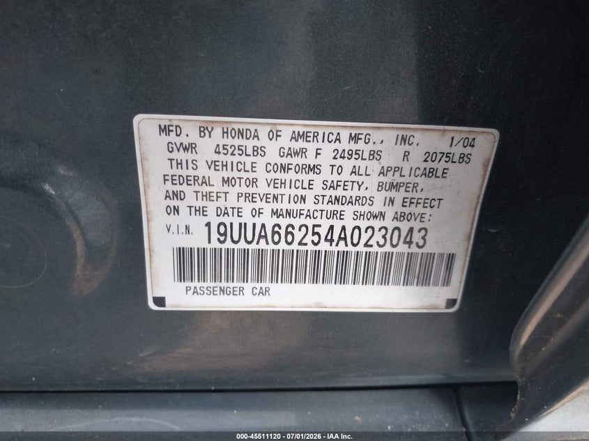 2004 Acura Tl VIN: 19UUA66254A023043 Lot: 45511120