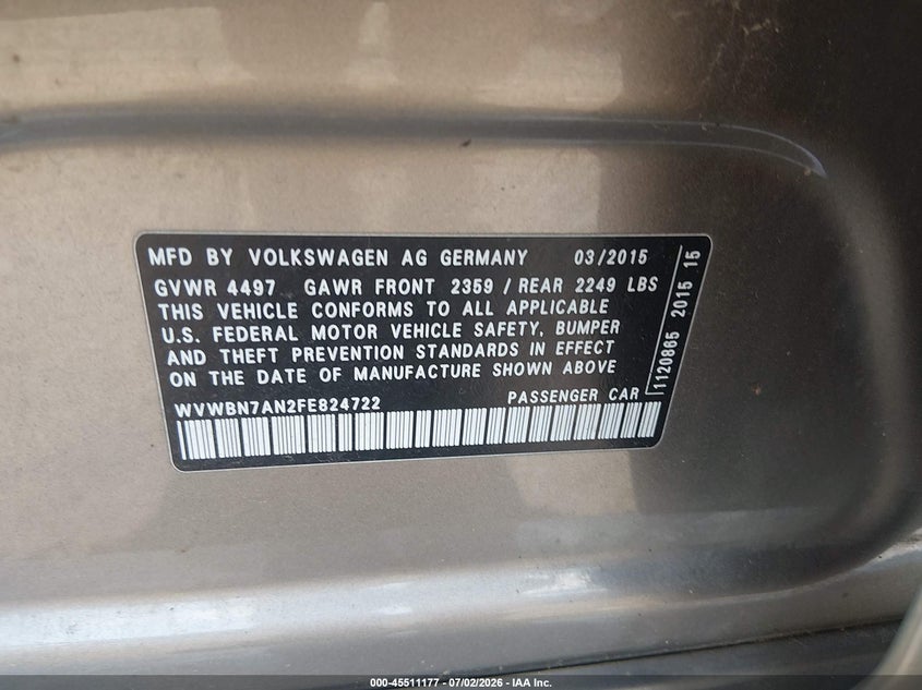 2015 Volkswagen Cc 2.0T Sport VIN: WVWBN7AN2FE824722 Lot: 45511177