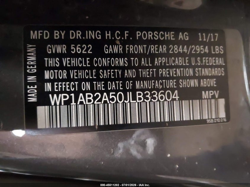 2018 Porsche Macan S VIN: WP1AB2A50JLB33604 Lot: 45511202
