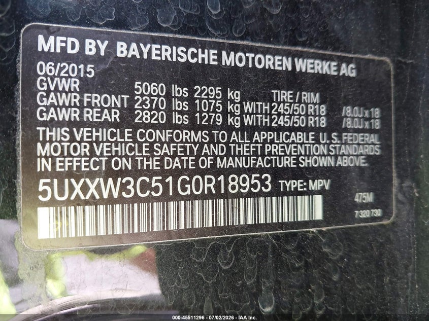 2016 BMW X4 xDrive28I VIN: 5UXXW3C51G0R18953 Lot: 45511296