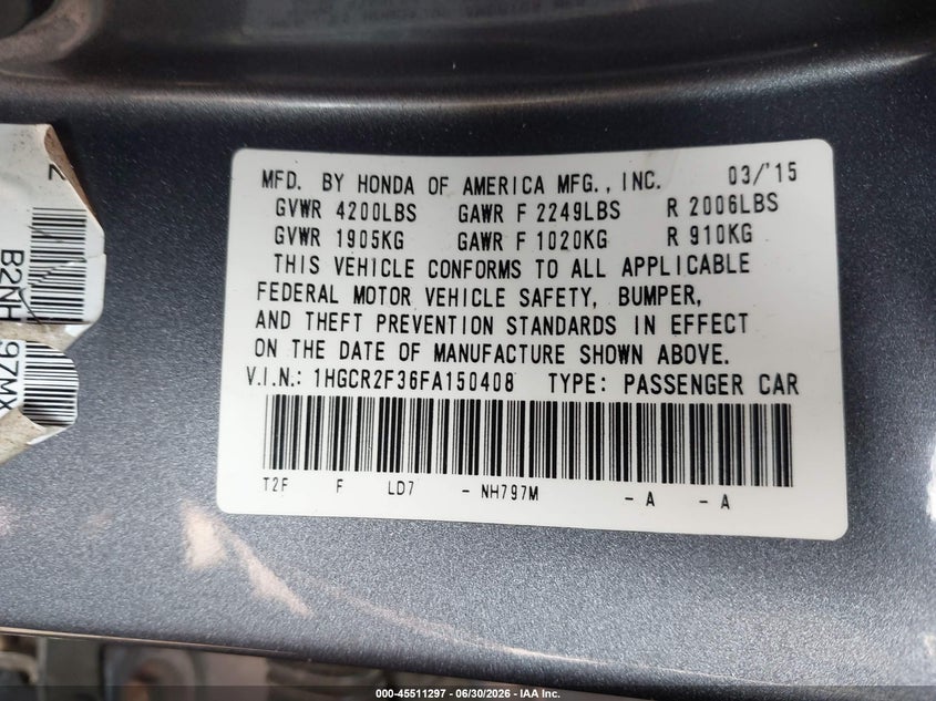 HONDA ACCORD 2015 VIN 1HGCR2F36FA150408