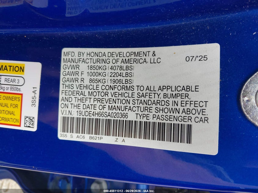 2025 Acura Integra A-Spec Technology VIN: 19UDE4H66SA020366 Lot: 45511312