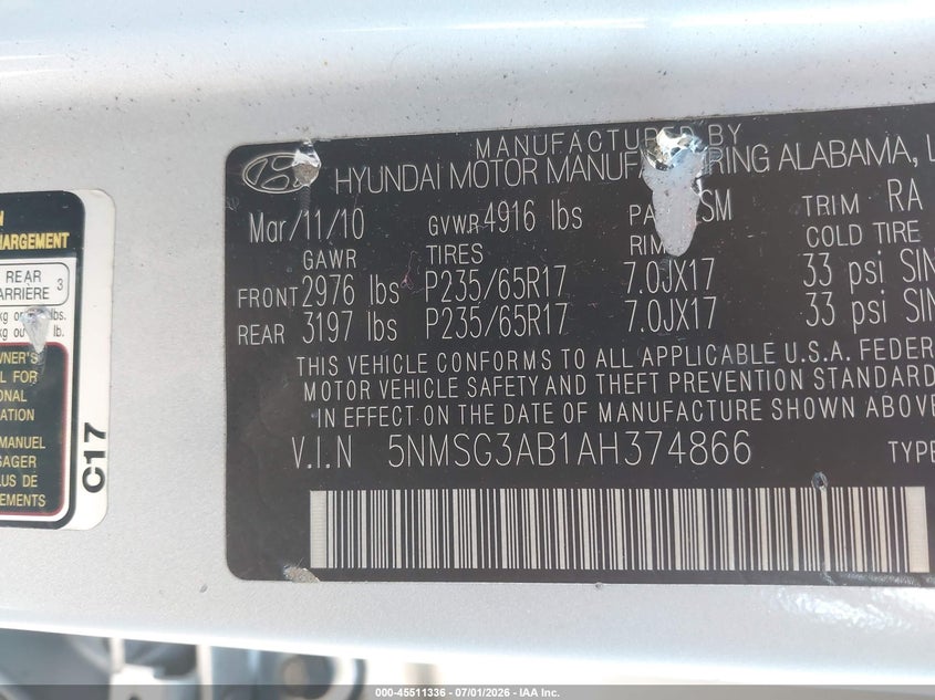 2010 HYUNDAI SANTA FE SPORT UTILITY VEHICLE 2.4L I-4 DOHC, VVT, 175HP