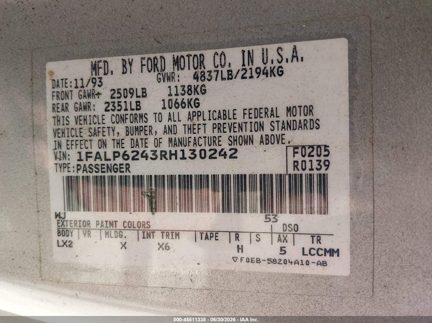 FORD THUNDERBIRD 1994 VIN 1FALP6243RH130242