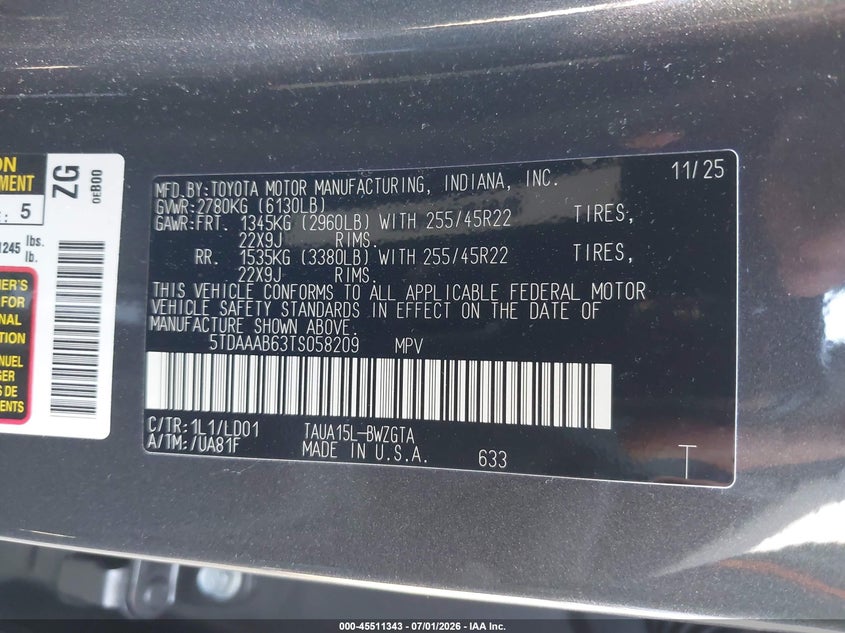 2026 Lexus Tx 350 Luxury VIN: 5TDAAAB63TS058209 Lot: 45511343