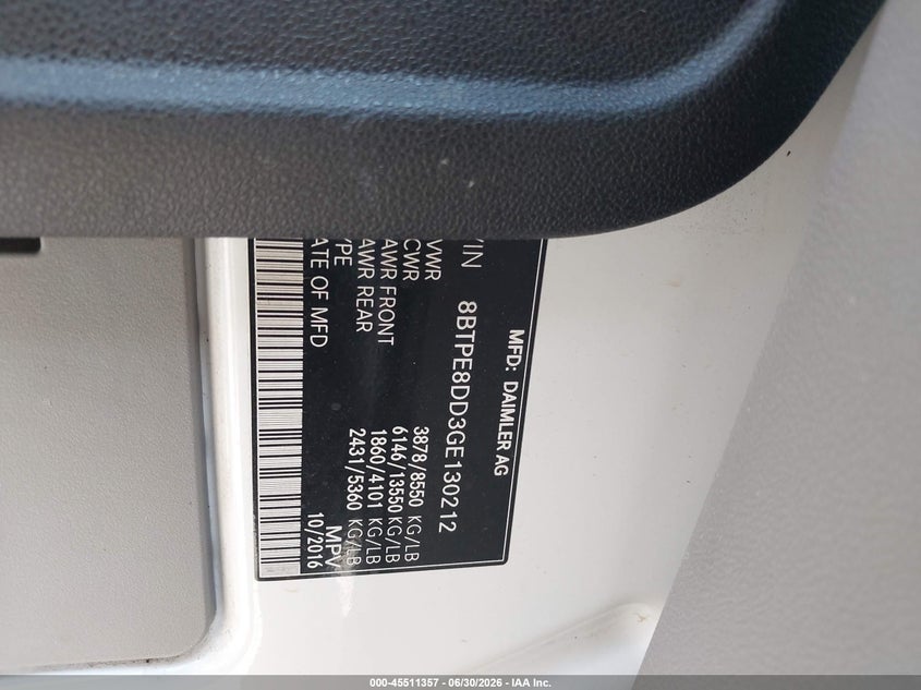 2016 Mercedes-Benz Sprinter 2500 High Roof VIN: 8BTPE8DD3GE130212 Lot: 45511357