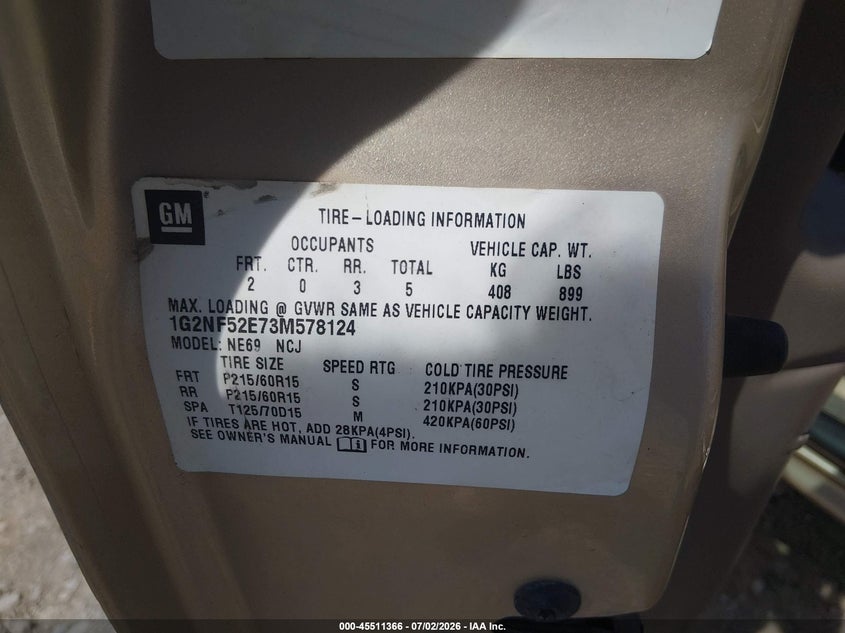 2003 Pontiac Grand Am Se1 VIN: 1G2NF52E73M578124 Lot: 45511366