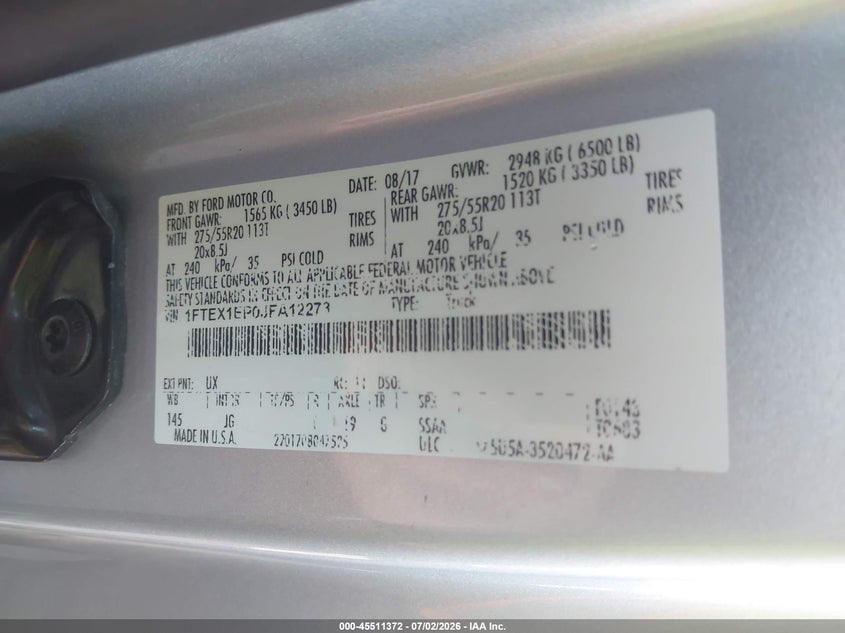 FORD F-150 2018 VIN 1FTEX1EP0JFA12273