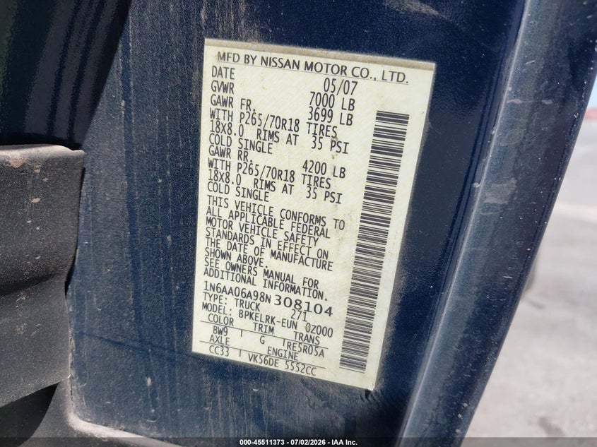 2008 Nissan Titan Xe VIN: 1N6AA06A98N308104 Lot: 45511373