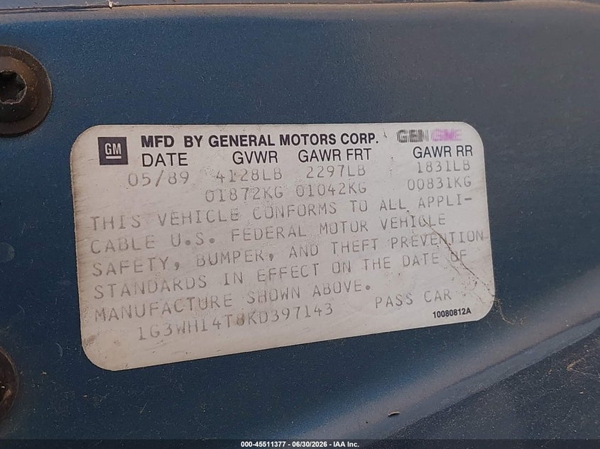 1989 Oldsmobile Cutlass Supreme VIN: 1G3WH14T8KD397143 Lot: 45511377
