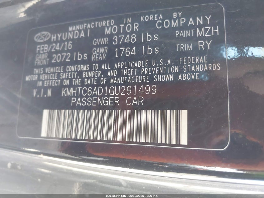 2016 Hyundai Veloster VIN: KMHTC6AD1GU291499 Lot: 45511436