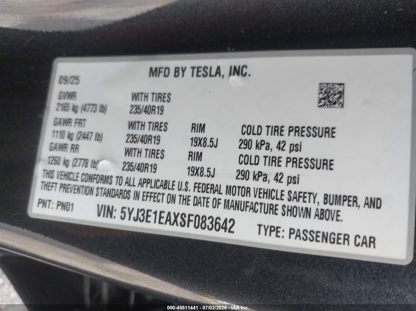 2025 TESLA MODEL 3 SEDAN ELECTRIC