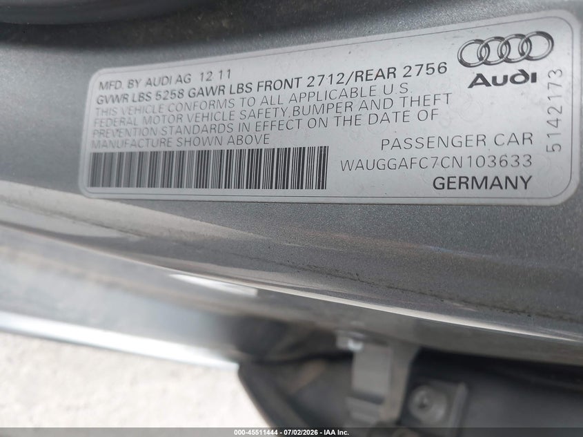 2012 Audi A6 3.0T Premium Plus VIN: WAUGGAFC7CN103633 Lot: 45511444