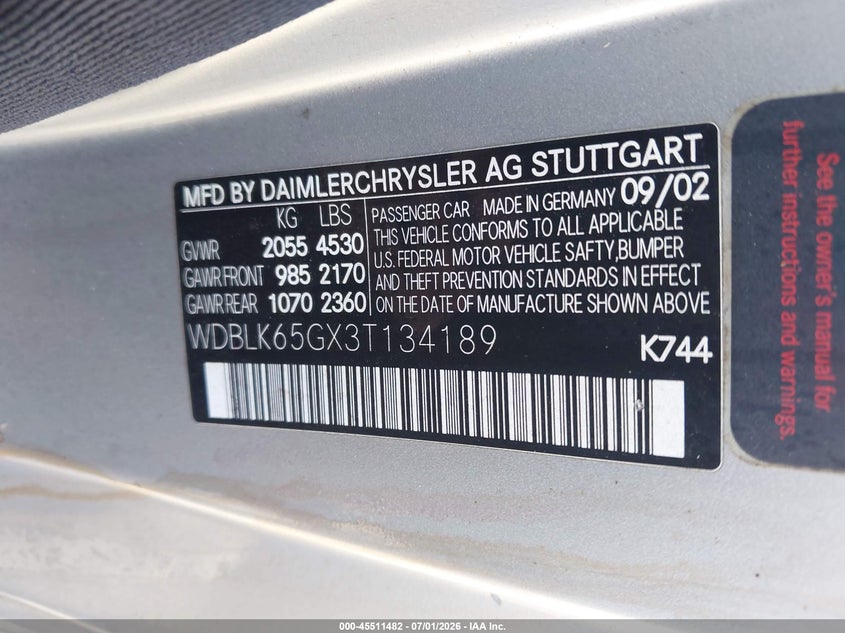 2003 Mercedes-Benz Clk 320 VIN: WDBLK65GX3T134189 Lot: 45511482