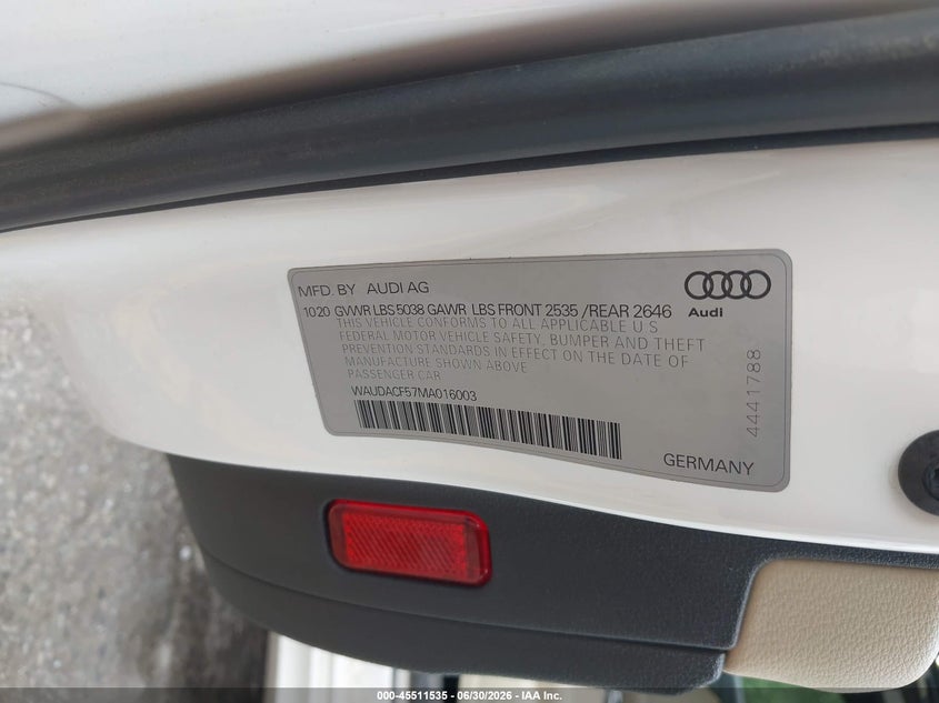 2021 Audi A5 Sportback Premium 45 Tfsi Quattro S Tronic VIN: WAUDACF57MA016003 Lot: 45511535