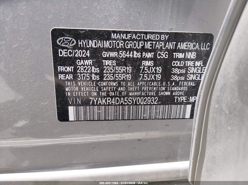 2025 Hyundai Ioniq 5 Limited VIN: 7YAKR4DA5SY002932 Lot: 45511568
