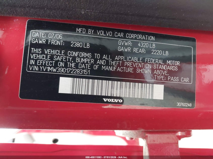 2007 Volvo V50 2.4I VIN: YV1MW390172283151 Lot: 45511593