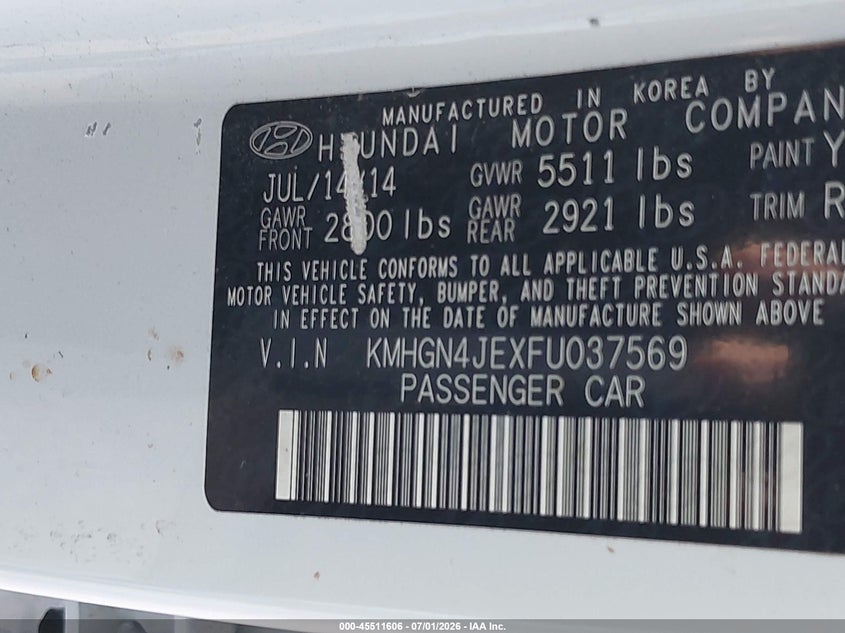 2015 Hyundai Genesis 3.8 VIN: KMHGN4JEXFU037569 Lot: 45511606