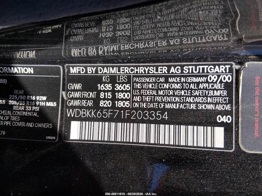 2001 Mercedes-Benz Slk 320 VIN: WDBKK65F71F203354 Lot: 45511610