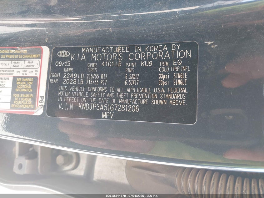 KIA SOUL 2016 VIN KNDJP3A51G7281206