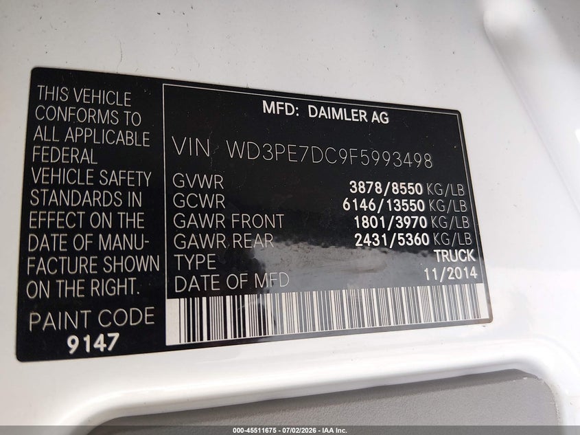 2015 Mercedes-Benz Sprinter 2500 Normal Roof VIN: WD3PE7DC9F5993498 Lot: 45511675