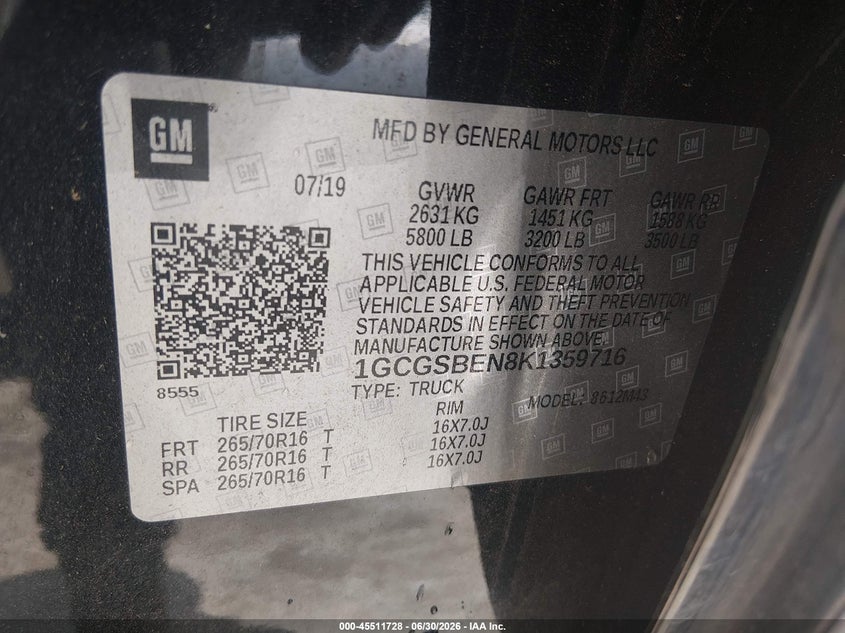 2019 Chevrolet Colorado Wt VIN: 1GCGSBEN8K1359716 Lot: 45511728