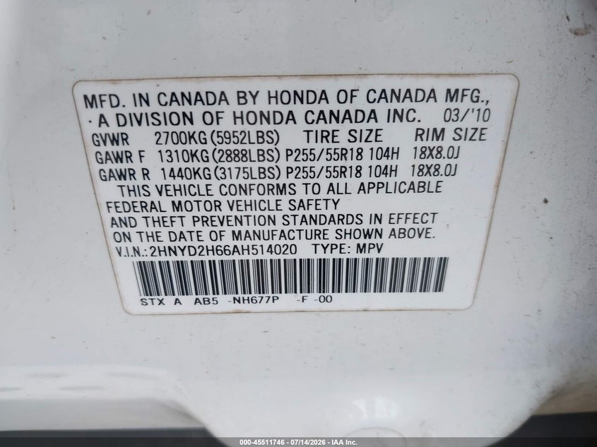 2010 Acura Mdx Technology Package VIN: 2HNYD2H66AH514020 Lot: 45511746