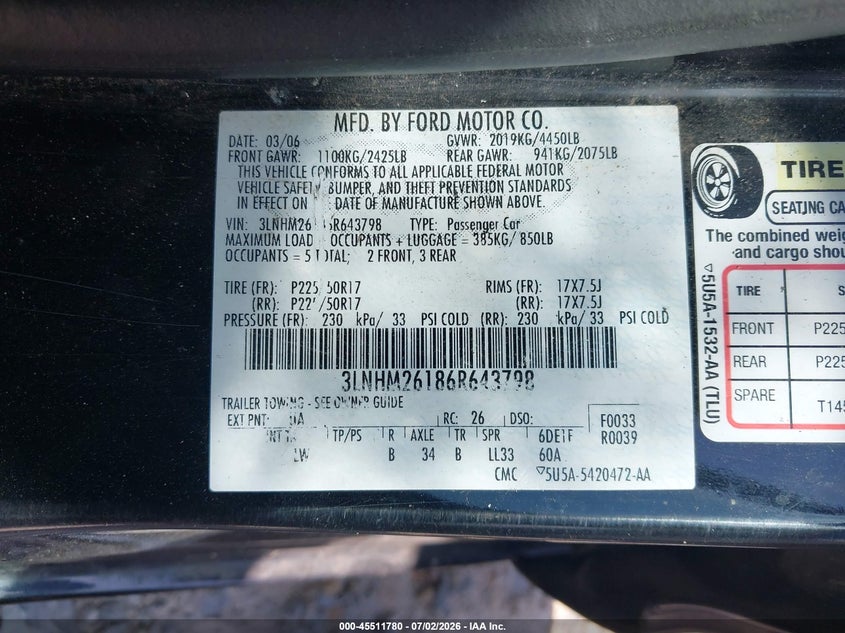 2006 Lincoln Zephyr VIN: 3LNHM26186R643798 Lot: 45511780
