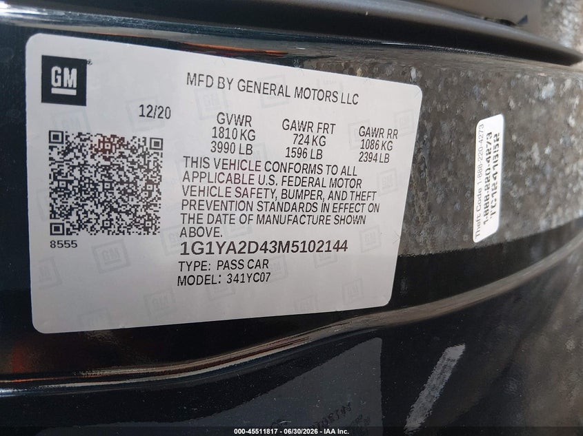 2021 Chevrolet Corvette Stingray Rwd 1Lt VIN: 1G1YA2D43M5102144 Lot: 45511817
