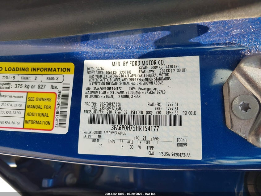2017 FORD FUSION SEDAN 2.5L I-4 DOHC, VVT, 175HP