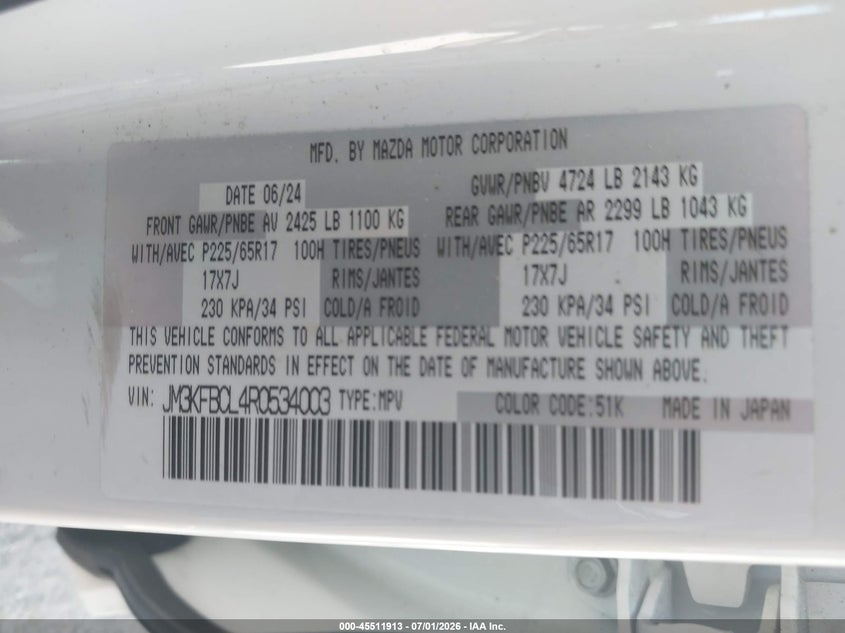 MAZDA CX-5 2024 VIN JM3KFBCL4R0534003