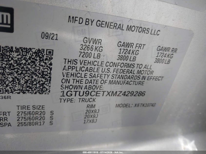 2021 GMC Sierra 1500 4Wd Standard Box Elevation VIN: 1GTU9CETXMZ429286 Lot: 45511918