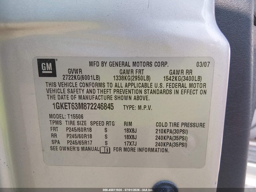 2007 GMC ENVOY SPORT UTILITY VEHICLE 5.3L V-8 302HP