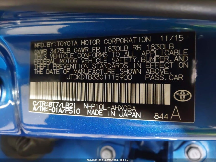 2016 Toyota Prius C Four VIN: JTDKDTB33G1115900 Lot: 45511925