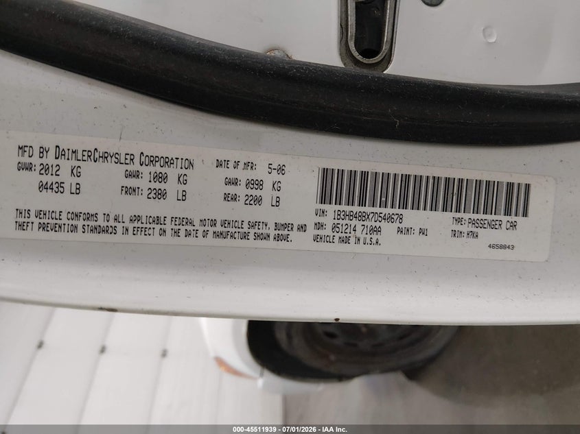 2007 Dodge Caliber Sxt VIN: 1B3HB48BX7D540678 Lot: 45511939