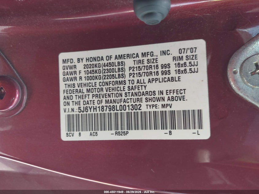2008 Honda Element Ex VIN: 5J6YH18798L001302 Lot: 45511949