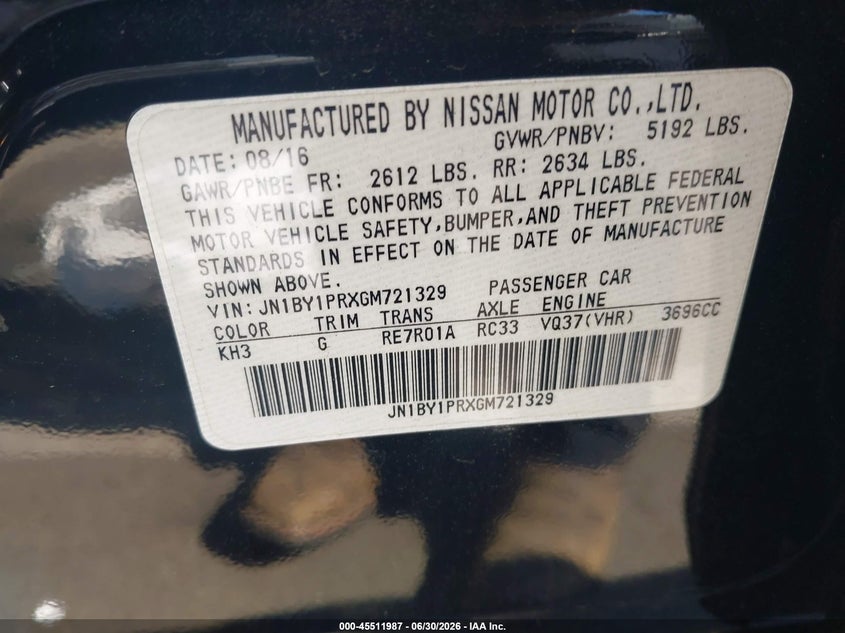 2016 Infiniti Q70L 3.7X VIN: JN1BY1PRXGM721329 Lot: 45511987
