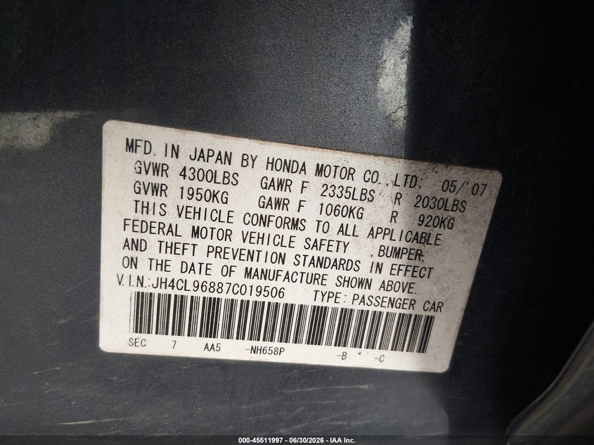 2007 Acura Tsx VIN: JH4CL96887C019506 Lot: 45511997