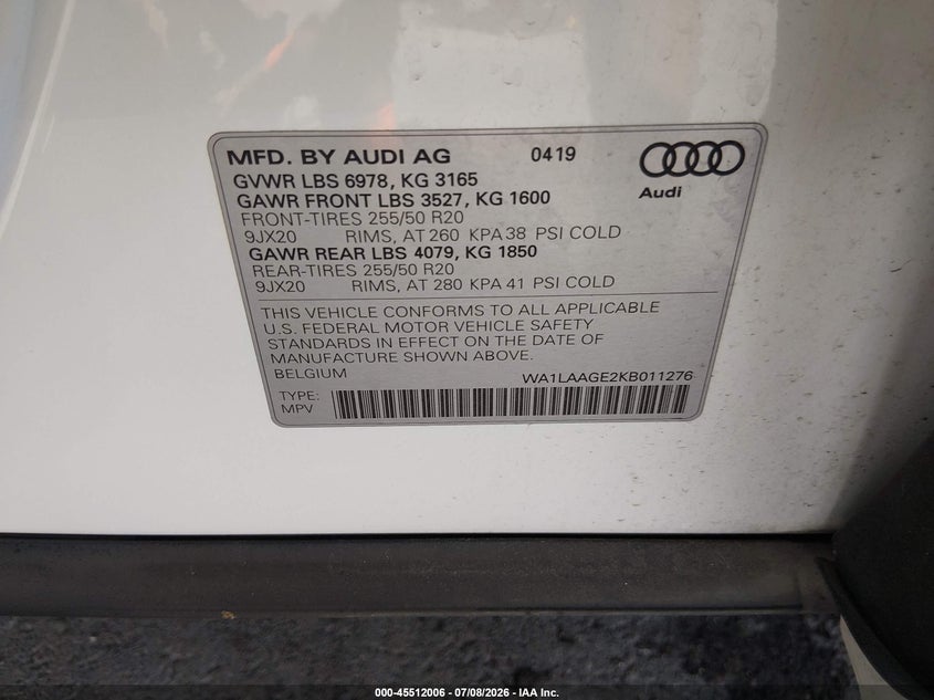 2019 Audi E-Tron Premium Plus VIN: WA1LAAGE2KB011276 Lot: 45512006