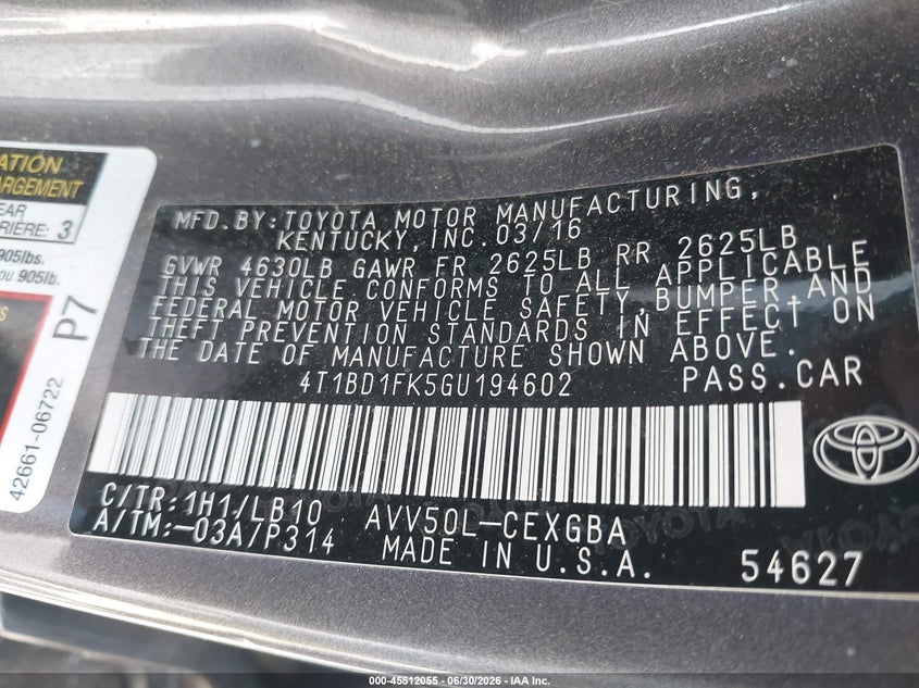 TOYOTA CAMRY HYBRID 2016 VIN 4T1BD1FK5GU194602