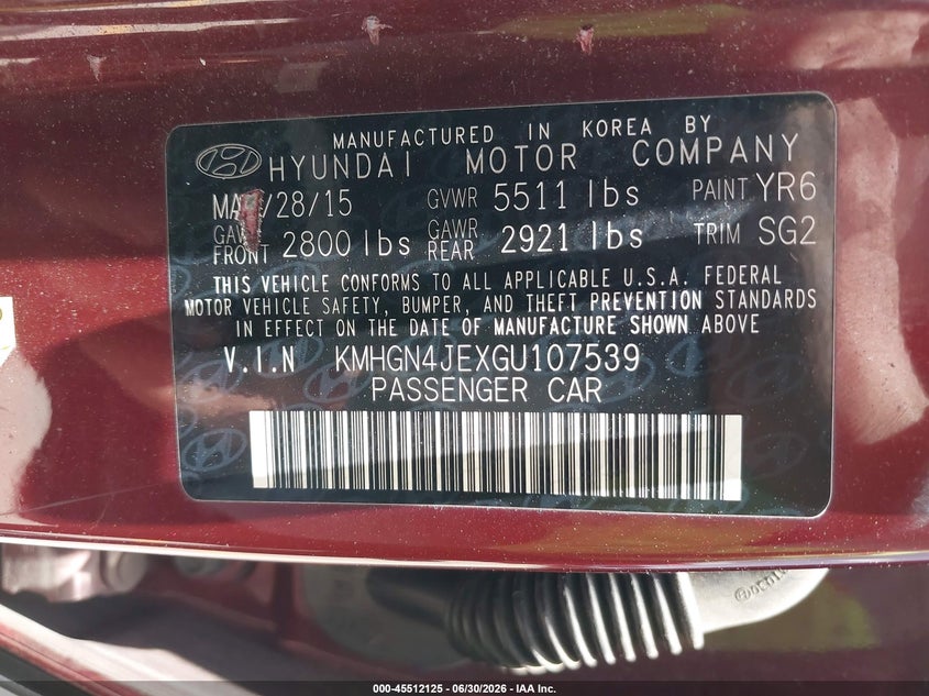 2016 Hyundai Genesis 3.8 VIN: KMHGN4JEXGU107539 Lot: 45512125