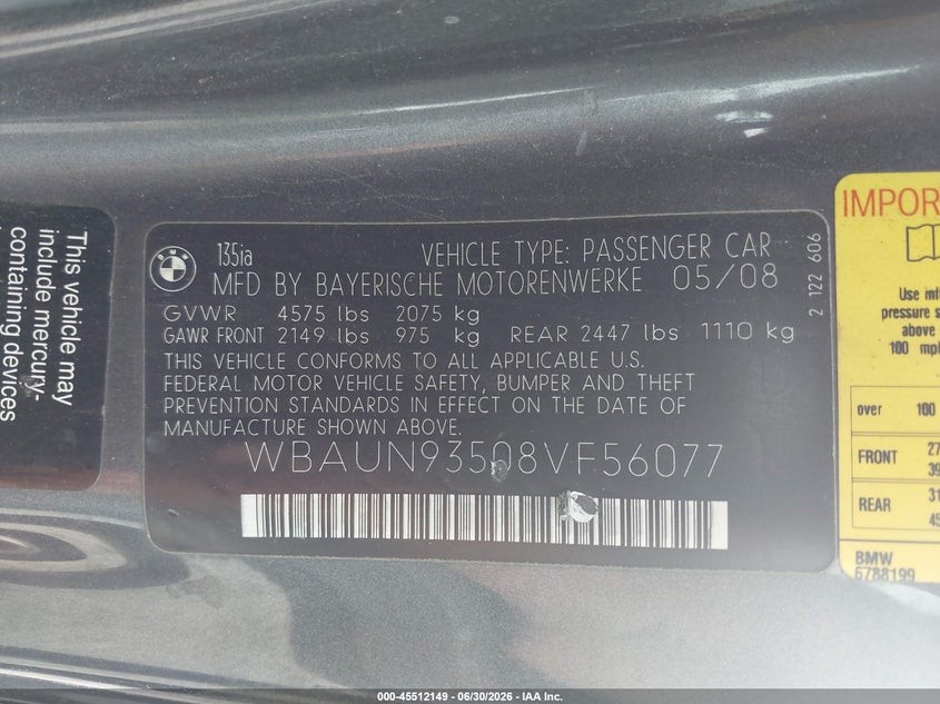 2008 BMW 135I VIN: WBAUN93508VF56077 Lot: 45512149