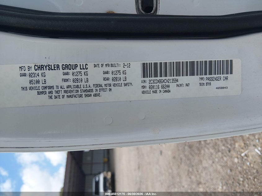 2012 DODGE CHARGER SEDAN 3.6L V-6 DOHC, VVT, 292HP