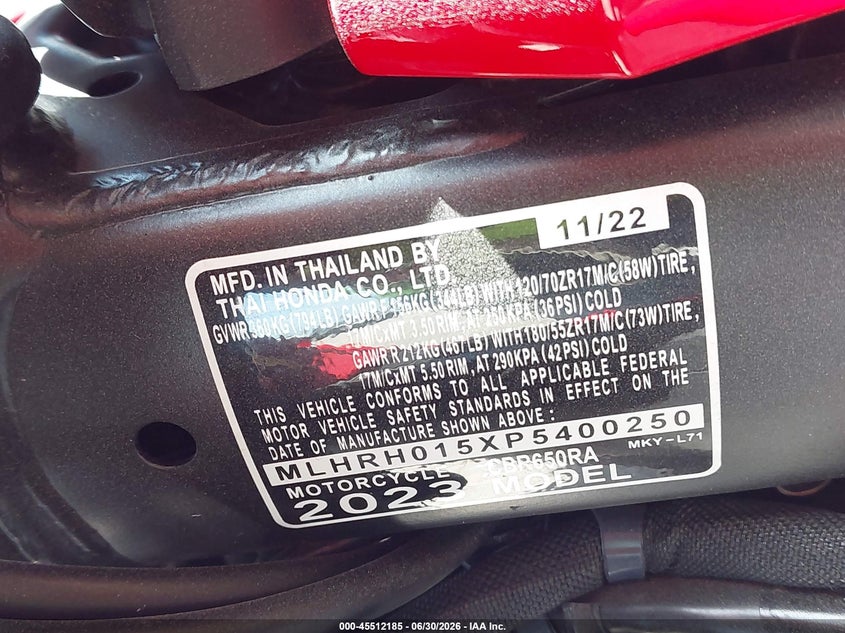 2023 Honda Cbr650 Ra VIN: MLHRH015XP5400250 Lot: 45512185