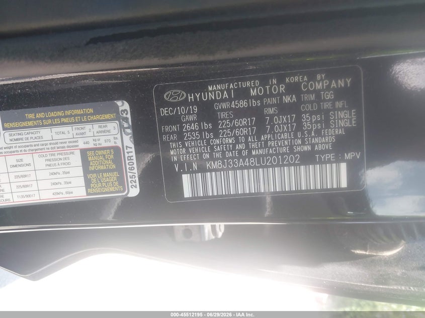 2020 Hyundai Tucson Value VIN: KM8J33A48LU201202 Lot: 45512195